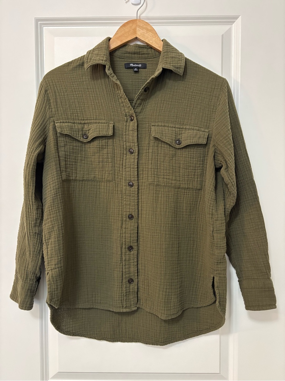 Madewell Olive Green 100% Cotton Gauze Button Front Long-Sleeve Top, Size XS